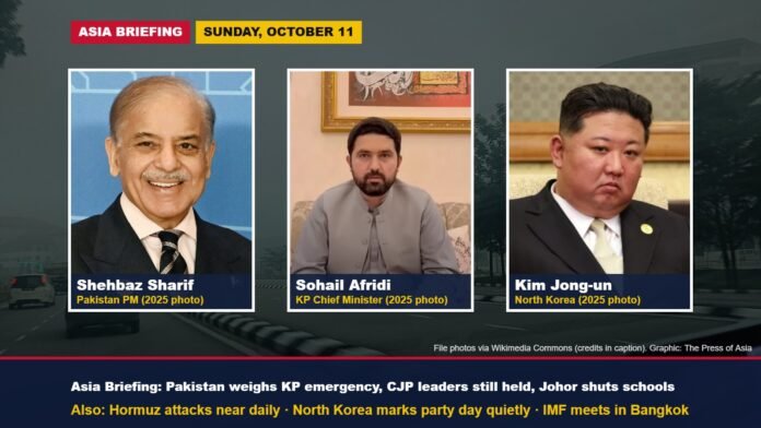 Asia Briefing graphic with file photos of Shehbaz Sharif, Sohail Afridi and Kim Jong-un over a hazy road in Johor