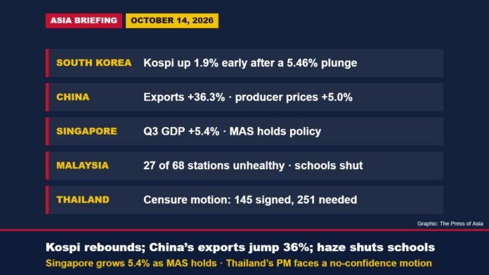 Asia Briefing, October 14, 2026 Asia Briefing card for October 14, 2026, with headlines from South Korea, China, Singapore, Malaysia and Thailand