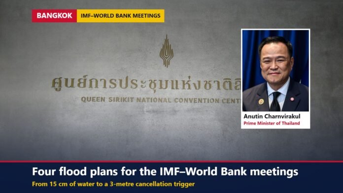 Sign of the Queen Sirikit National Convention Center in Bangkok with an inset portrait of Thai Prime Minister Anutin Charnvirakul