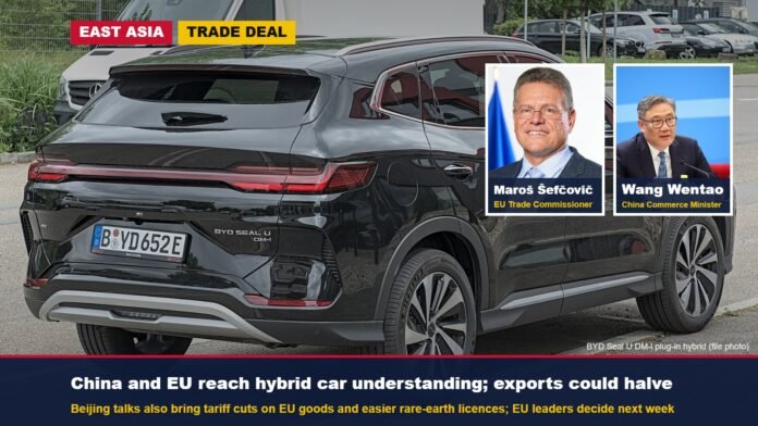 BYD plug-in hybrid car with insets of EU Trade Commissioner Maroš Šefčovič and Chinese Commerce Minister Wang Wentao