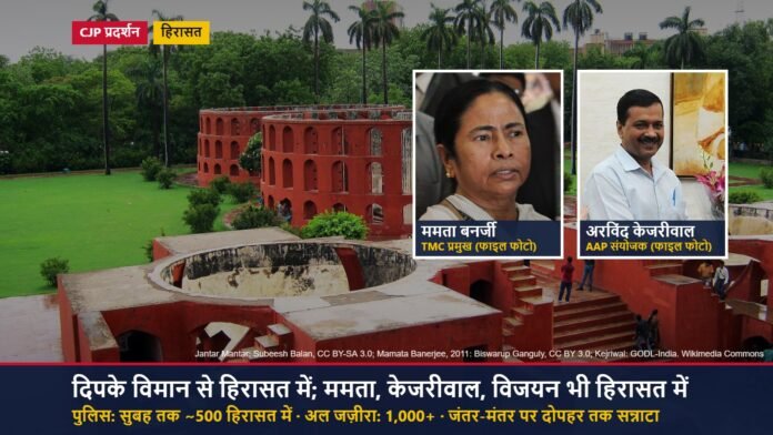 जंतर-मंतर की तस्वीर पर ममता बनर्जी और अरविंद केजरीवाल की फाइल फोटो, CJP प्रदर्शन के दिन हिरासत की खबर