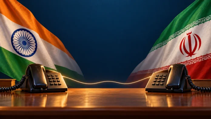 Conceptual illustration of Indian and Iranian flags with two connected telephones
