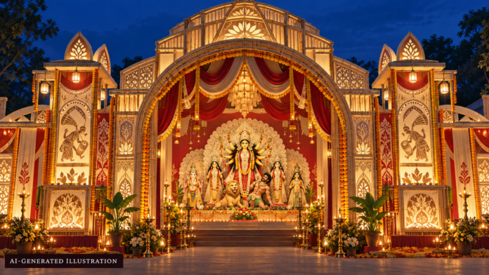 AI-generated representative illustration of a fictional illuminated Durga Puja pandal with a Durga idol; not the Chorbagan incident