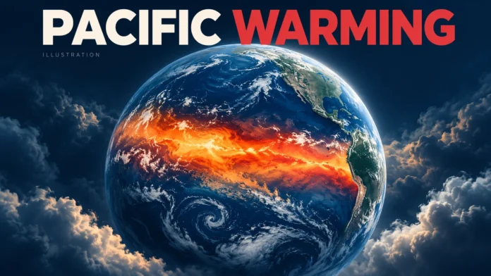 Pacific warming — conceptual editorial illustration Conceptual globe illustration with an orange equatorial band representing Pacific Ocean warming