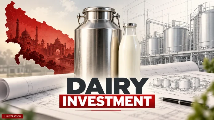 Editorial illustration of milk containers and dairy processing plans representing proposed investment in Uttar Pradesh
