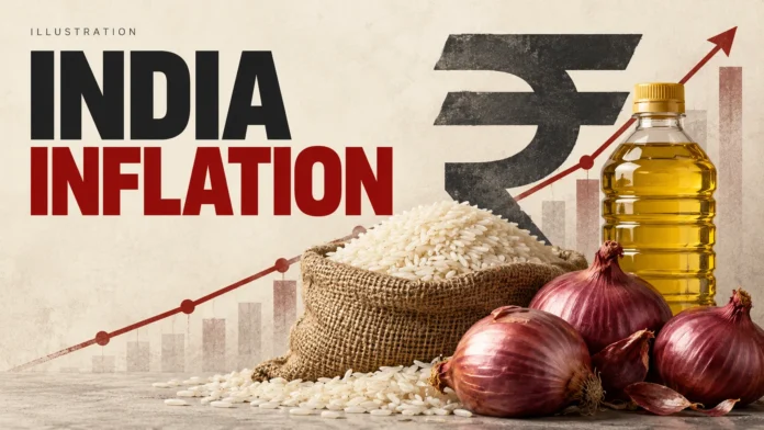India inflation — editorial illustration Editorial illustration of rice, onions, cooking oil and a rupee symbol representing Indian household costs