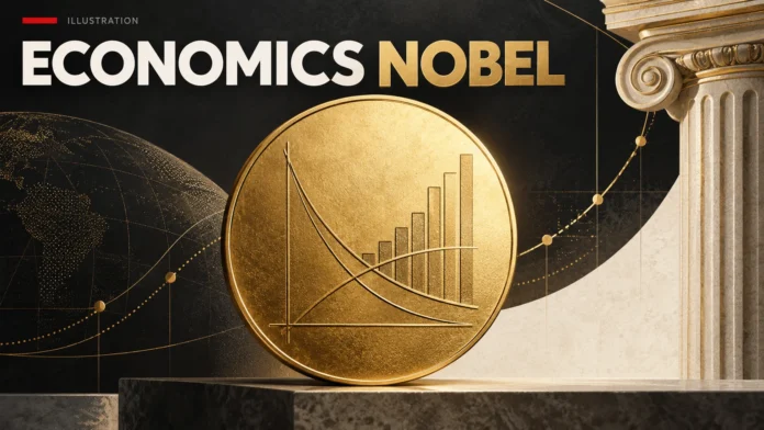 Editorial illustration of a generic gold award medallion and economic symbols for the Economics Nobel
