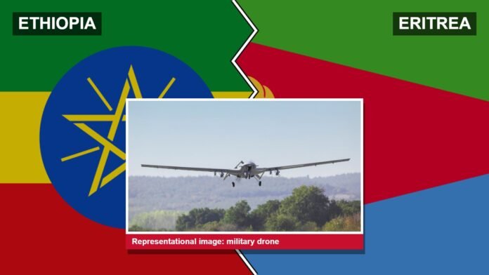 The flags of Ethiopia and Eritrea separated by a jagged line, with an inset photo of a military drone in flight