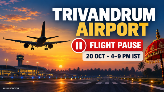 Trivandrum airport flight pause — AI illustration AI illustration of an aircraft, runway and pause symbol, with the October 20 flight pause from 4–9 pm IST. Not an actual airport or procession photograph.