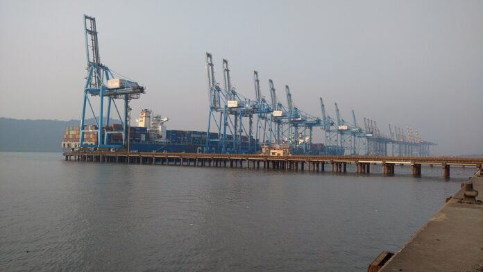 JNPT container port — November 2017 file photo Container cranes and a cargo ship at Jawaharlal Nehru Port in 2017