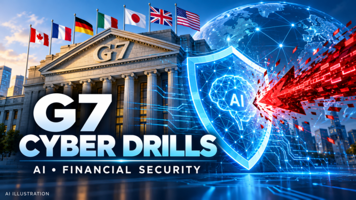 AI conceptual illustration of G7 financial security, a bank, shield and simulated cyber threat; not a photograph of a real attack or institution.