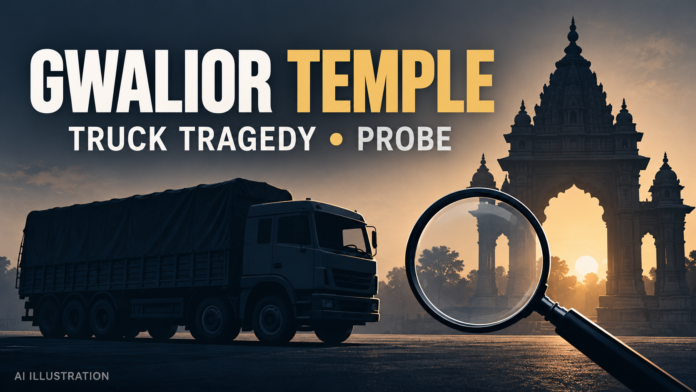 Gwalior temple truck tragedy probe — AI illustration AI conceptual illustration of a generic truck, temple gateway and magnifying glass; not the actual vehicle, temple, crash scene or reconstruction.