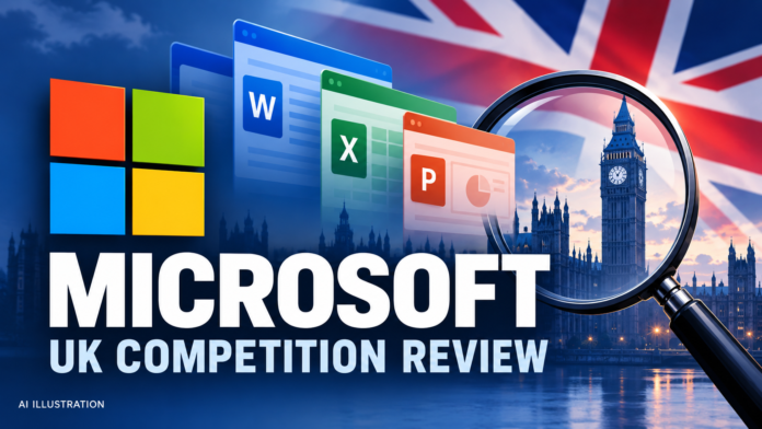 AI editorial illustration of Microsoft software symbols and a British competition review motif; not an official CMA graphic or evidence of a final finding.