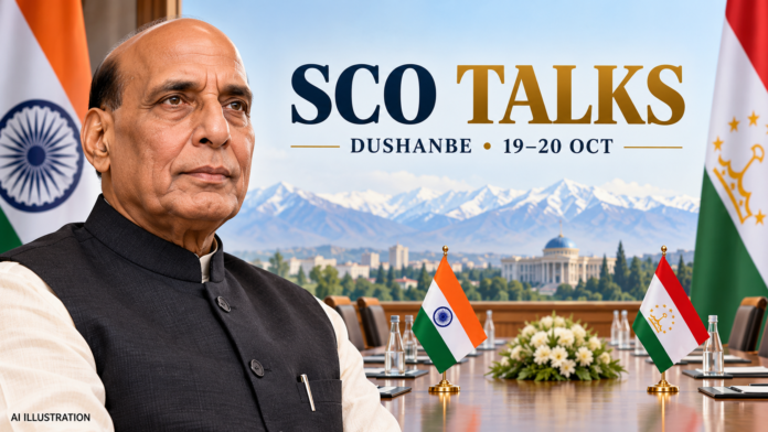 AI editorial illustration of Rajnath Singh with India and Tajikistan motifs; SCO talks in Dushanbe on October 19–20. Not a real meeting photograph.