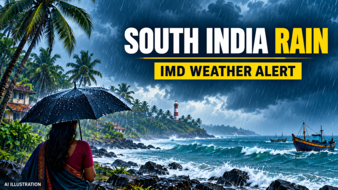 AI illustration of rain clouds, umbrella and a southern Indian coast; not an actual weather observation or flood photograph.