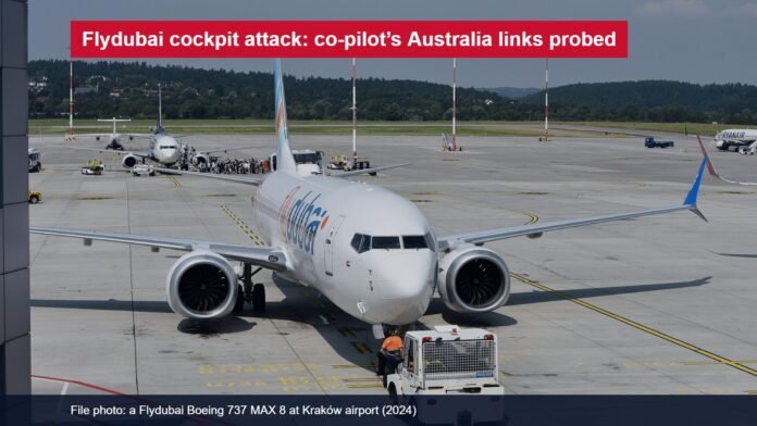 Flydubai cockpit attack investigation A Flydubai Boeing 737 MAX 8 parked at an airport