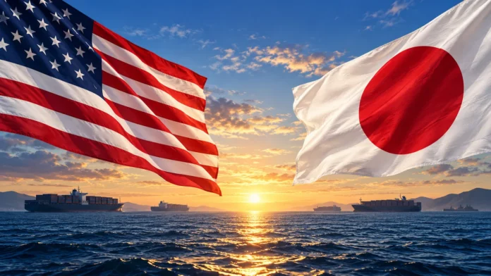US-Japan Indo-Pacific talks — editorial illustration Conceptual illustration of American and Japanese flags above maritime shipping