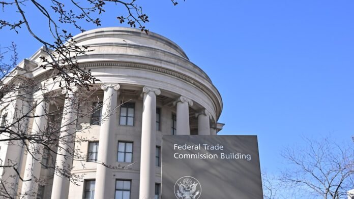 The curved corner of the Federal Trade Commission building in Washington, DC