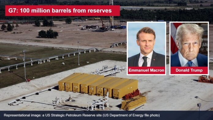G7 oil reserve release A US Strategic Petroleum Reserve site with insets of Emmanuel Macron and Donald Trump