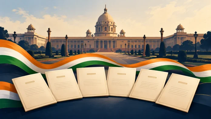 Six-state governor appointments Illustration of Rashtrapati Bhavan, the Indian tricolor and six appointment documents
