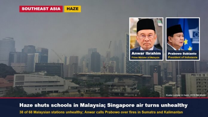 Haze shuts schools in Malaysia; Singapore air unhealthy Kuala Lumpur skyline in haze, file photo, with insets of Anwar Ibrahim and Prabowo Subianto