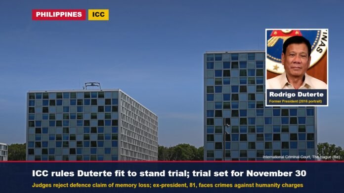 International Criminal Court building in The Hague with inset of former Philippine President Rodrigo Duterte