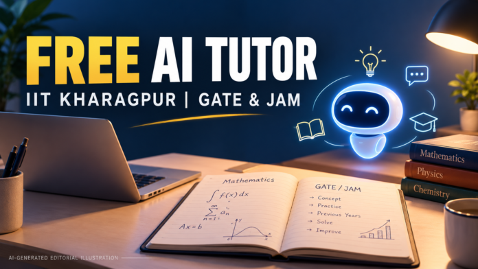IIT Kharagpur AI tutor — editorial illustration Conceptual illustration of a laptop, study notebook and AI learning icon for IIT Kharagpur’s free AI tutor announcement.