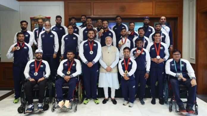PM Modi with India’s para-athletes, September 2024 Prime Minister Narendra Modi with India’s Paris 2024 Paralympic contingent in New Delhi, September 2024