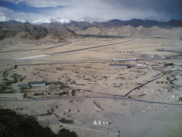 india15-ladakh Archival view of Leh Airport and its runway from Spituk Gompa