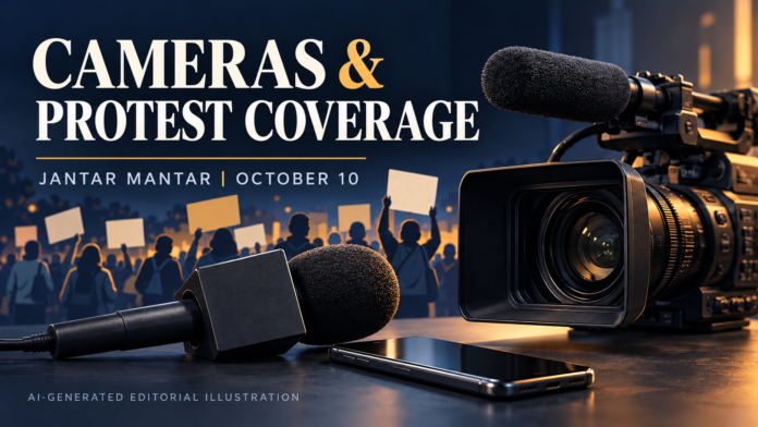 AI-generated editorial illustration of generic protesters with blank placards behind a camera, microphone and smartphone.