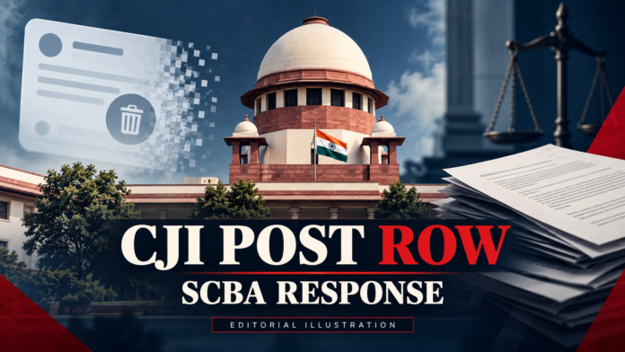 Editorial illustration of the Supreme Court of India, a disappearing social media post and legal papers, with CJI Post Row and SCBA Response headlines
