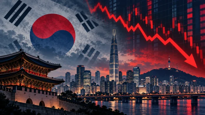 Conceptual illustration of Seoul, the South Korean flag and a falling market line