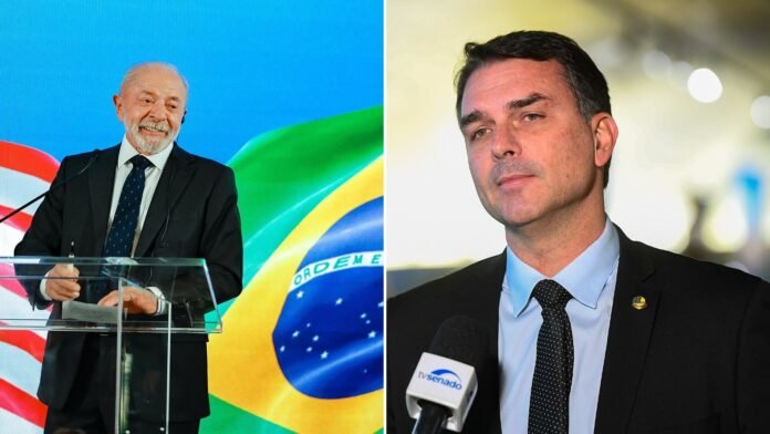 Lula and Flávio Bolsonaro Brazilian President Lula speaking at a lectern, beside Senator Flávio Bolsonaro speaking to a reporter