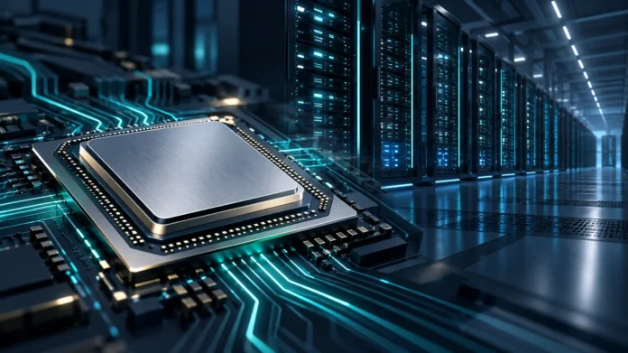 AI inference chips — editorial illustration Conceptual illustration of an AI accelerator chip beside datacenter racks