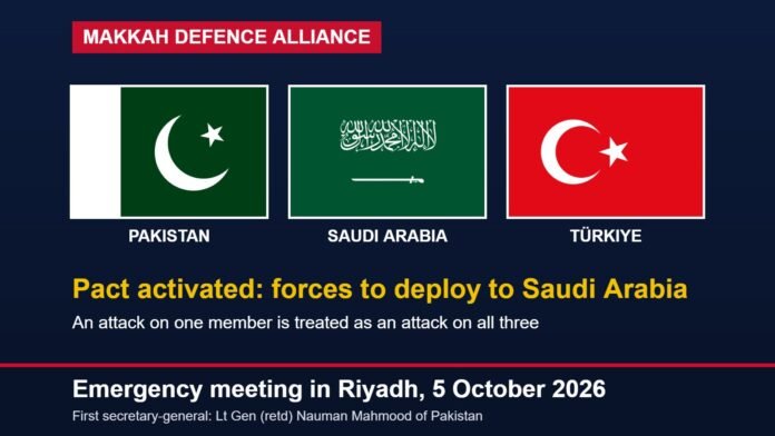 Makkah Defence Alliance activated Flags of Pakistan, Saudi Arabia and Türkiye with the text: Pact activated, forces to deploy to Saudi Arabia