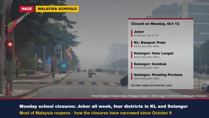 Malaysia haze: school closures for Monday, October 12, 2026 Hazy Persiaran Perdana in Putrajaya in October 2026, with a list of school closures in Johor, Kuala Lumpur and Selangor for October 12