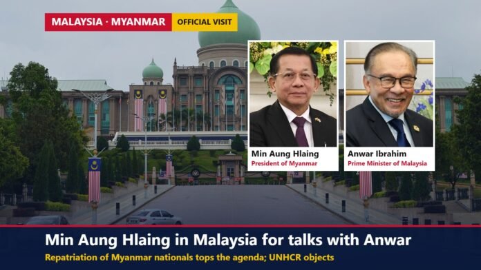 Min Aung Hlaing visits Malaysia The Perdana Putra building in Putrajaya with inset portraits of Min Aung Hlaing and Anwar Ibrahim