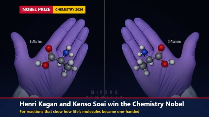 Nobel Prize in Chemistry 2026: Henri Kagan and Kenso Soai Two gloved hands holding ball-and-stick models of mirror-image molecules