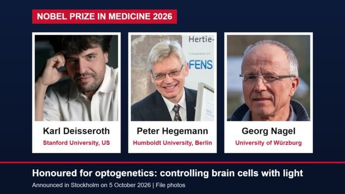 Portraits of Karl Deisseroth, Peter Hegemann and Georg Nagel, winners of the 2026 Nobel Prize in Physiology or Medicine