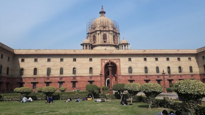 The sandstone North Block building on Raisina Hill in New Delhi