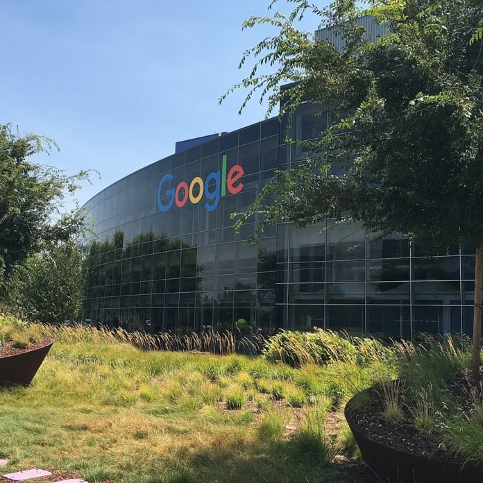 File photograph of Googleplex headquarters with the Google sign, July 2016