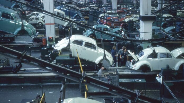 Historic Volkswagen factory assembly line in Wolfsburg — 1960 archive, not current production