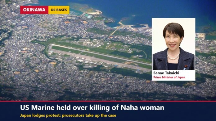 Aerial view of Marine Corps Air Station Futenma in Okinawa with an inset portrait of Japan’s Prime Minister Sanae Takaichi