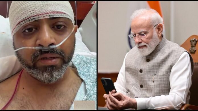 बाईं ओर अस्पताल के बिस्तर पर सिर पर पट्टी बांधे कैप्टन स्मित मच्छर, दाईं ओर फोन पर उनसे बात करते प्रधानमंत्री नरेंद्र मोदी