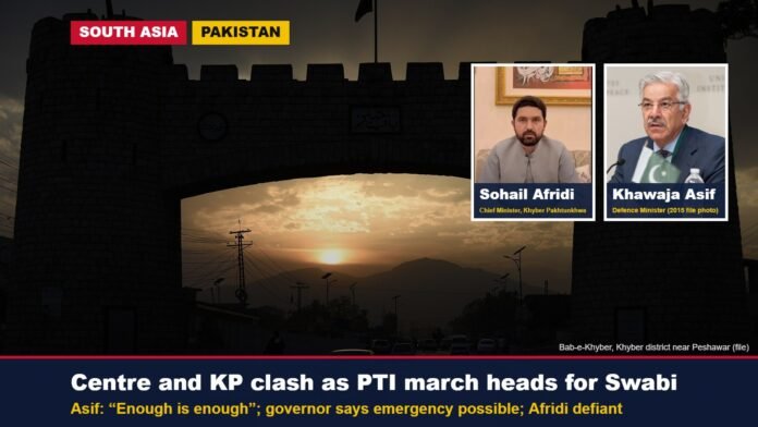 Bab-e-Khyber gate with insets of Khyber Pakhtunkhwa Chief Minister Sohail Afridi and Defence Minister Khawaja Asif