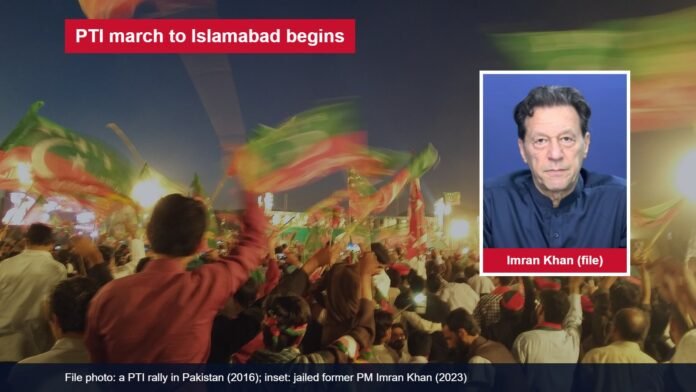 Supporters at a PTI rally in Pakistan, with an inset of former prime minister Imran Khan