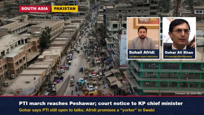 PTI march reaches Peshawar Peshawar city centre with insets of KP Chief Minister Sohail Afridi and PTI chairman Gohar Ali Khan