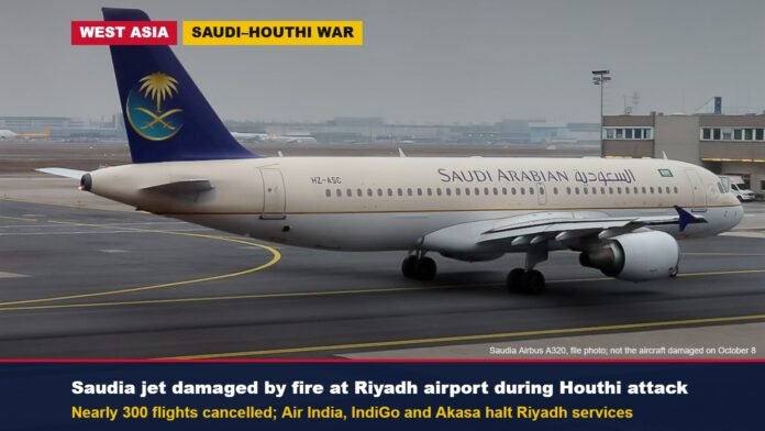 Saudia Airbus A320 on an apron, file photo, with headline about the Riyadh airport attack