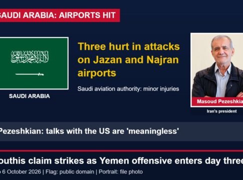 Saudi Arabia Says Three Hurt in Attacks on Jazan and Najran Airports as Houthis Claim Wider Strikes; Iran’s President Calls Talks With the US ‘Meaningless’