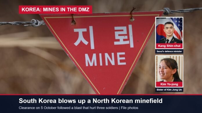 A land mine warning sign at the Korean DMZ with inset photos of South Korean defence minister Kang Shin-chul and Kim Yo-jong